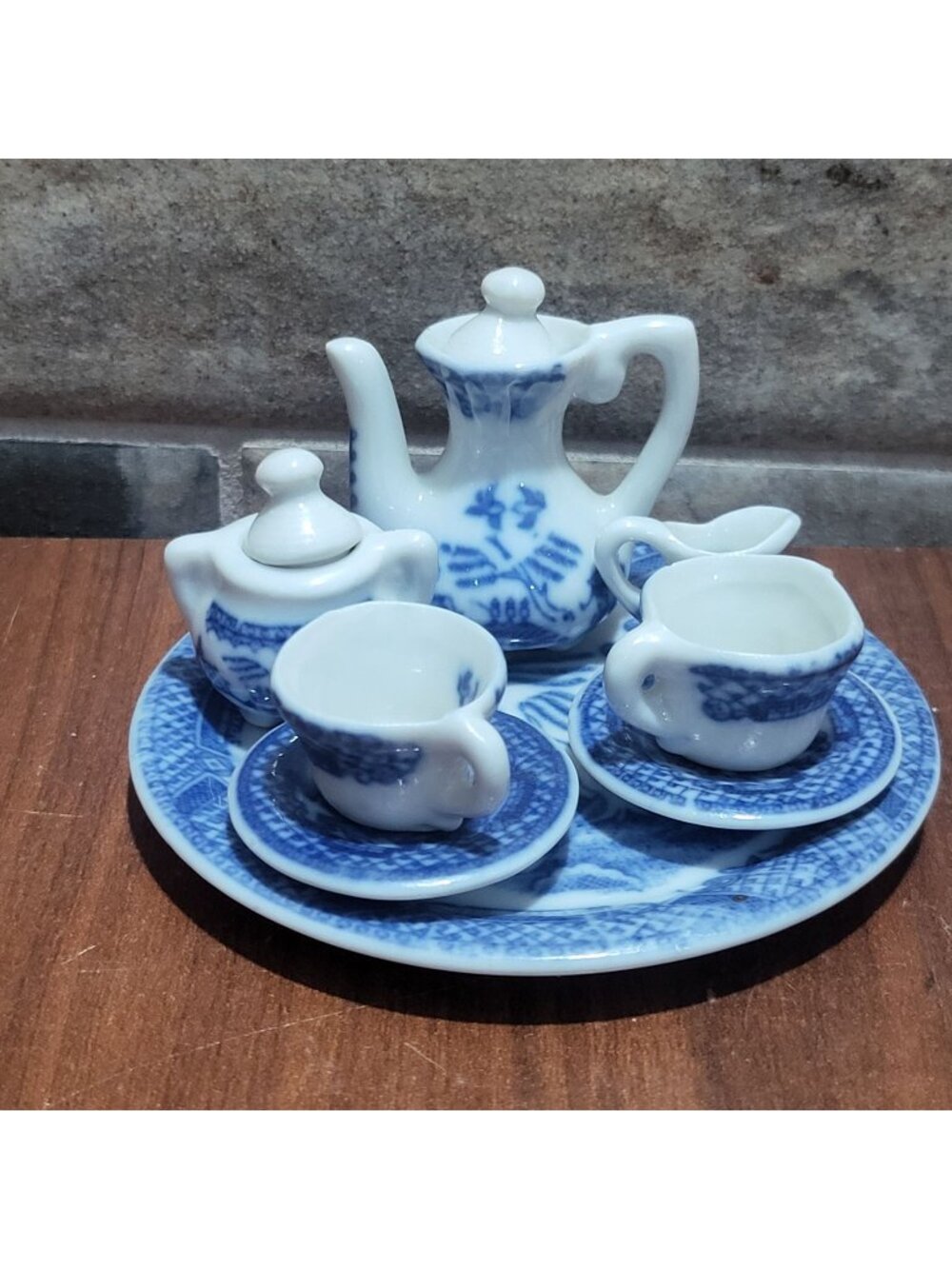 Vintage Miniature Porcelain Tea Set Blue Willow Blue White Dollhouse Chintz Tray